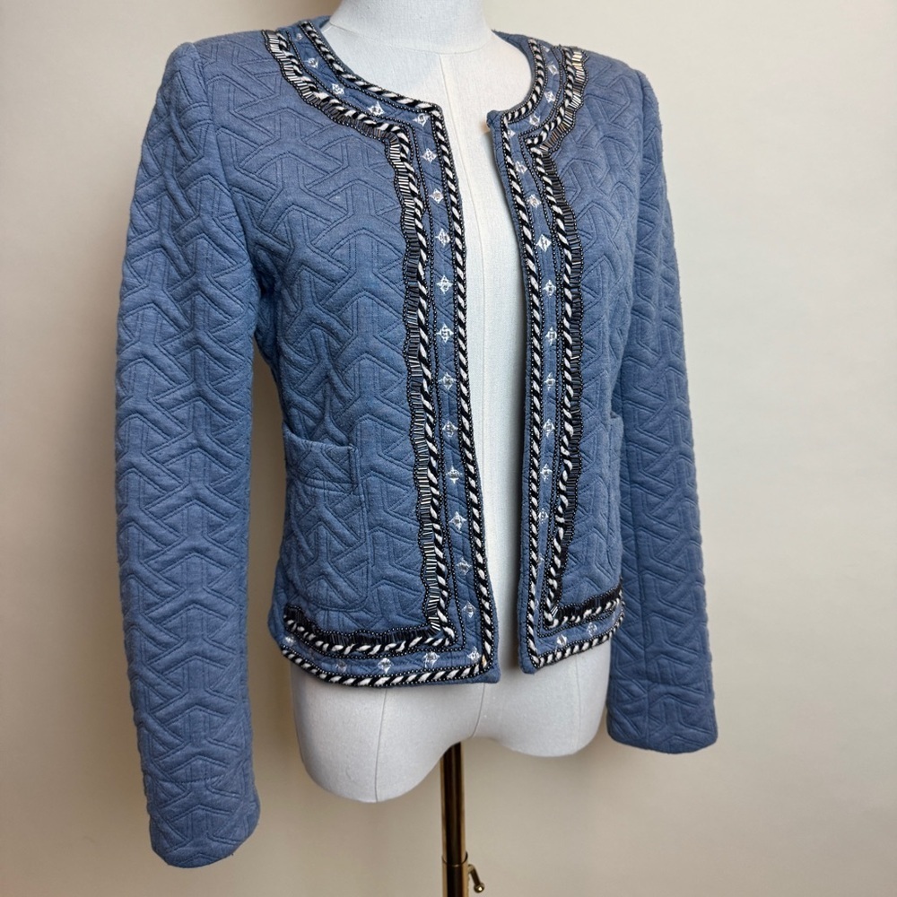 Soieblu Blue Quilted Jacket with Beaded Trim